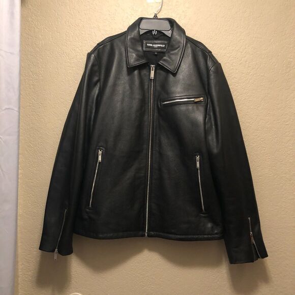 KARL LAGERFELD PARIS Men's Leather Motocross Jacket Black Sz XL